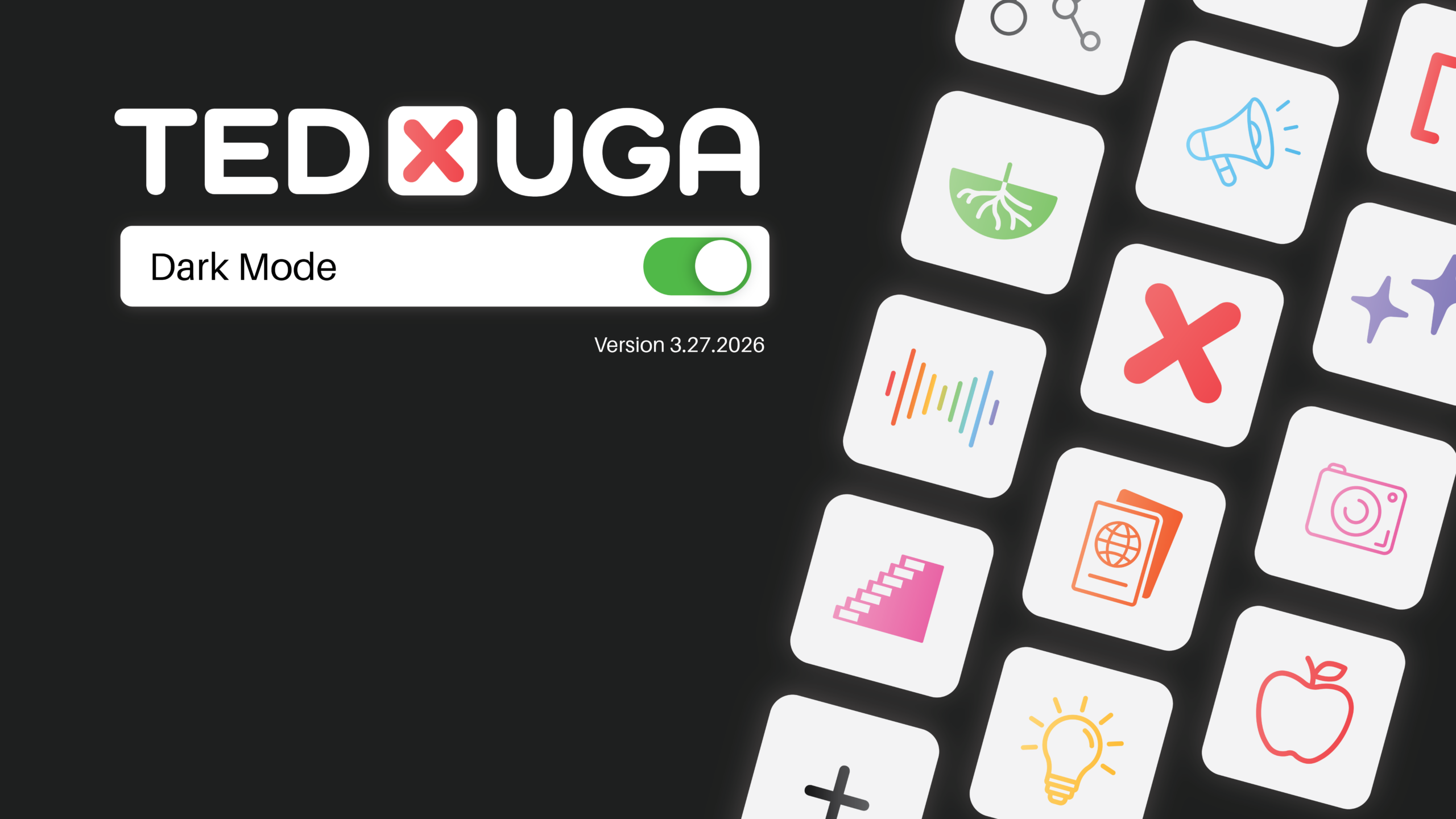 Dark Mode Banner with logo and a series of apps with icons representing past TEDxUGA events.