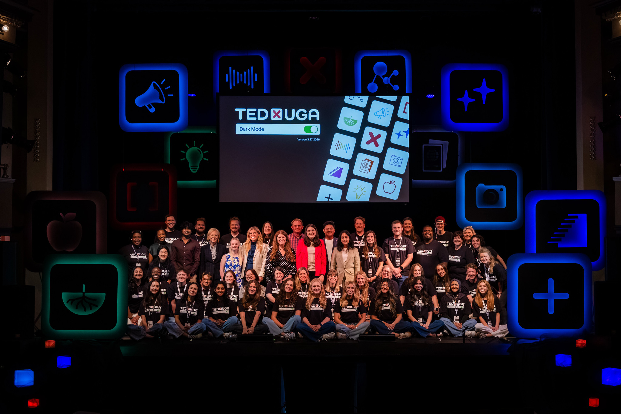 Full team on stage for TEDxUGA 2026 Dark Mode